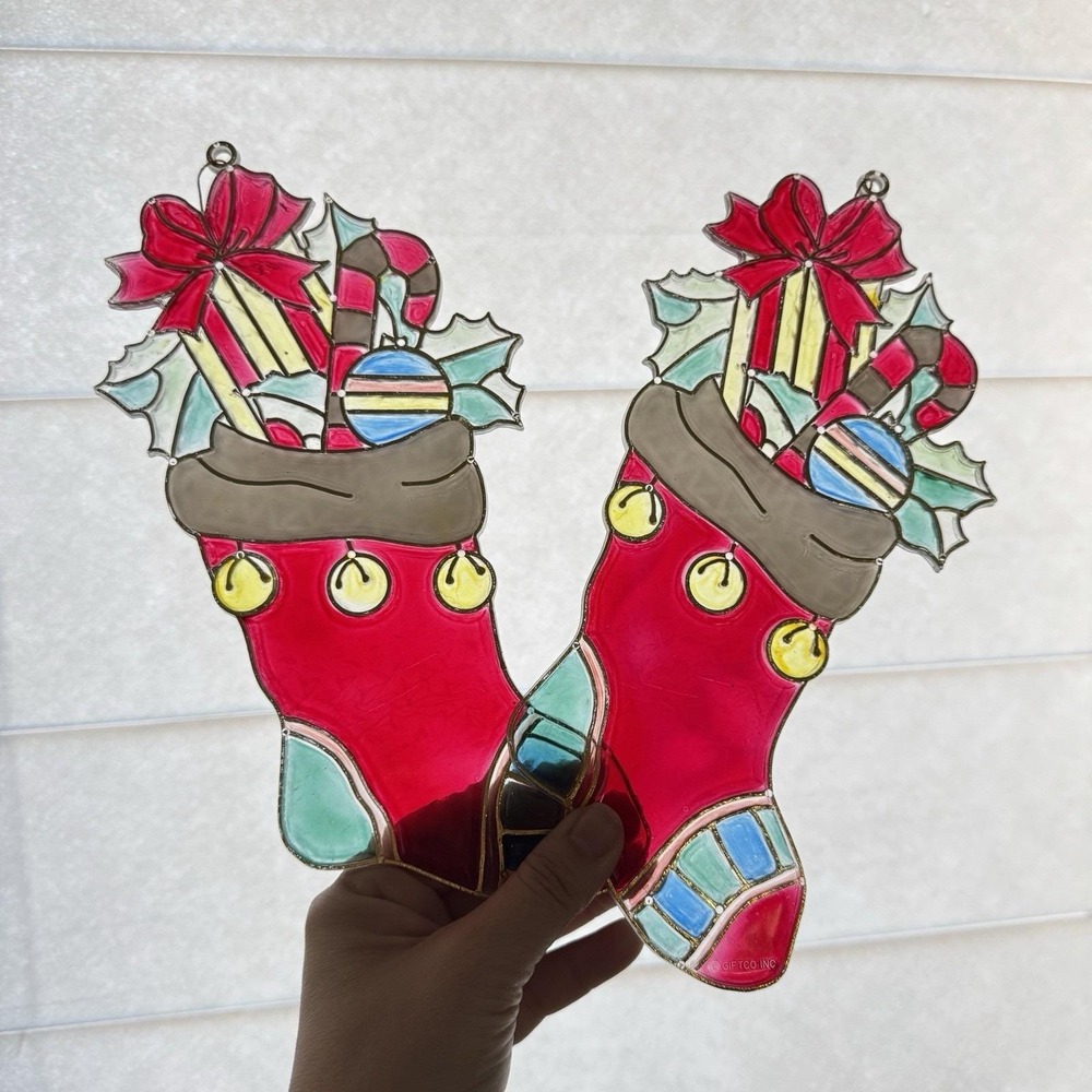 Vtg Giftco Christmas Ornament Plastic Stained Glass‎ Stocking Window Decoration